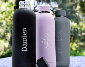 500ml Name Water Bottle - Personalised Engraved Initials Monogrammed Luxe Matte Black Purple Grey Stainless Steel Water Bottle