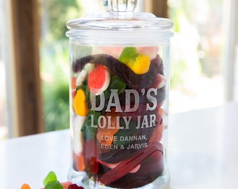 Father’s Day Lolly Jar – Personalised Engraved Glass Treat Jar for Dad, Grandpa or Pop – Custom Gift for Sweet Tooth or Snack Lover