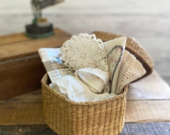 Sewing Basket Lace Trims Butterfly Quilt Block Farmhouse Decor