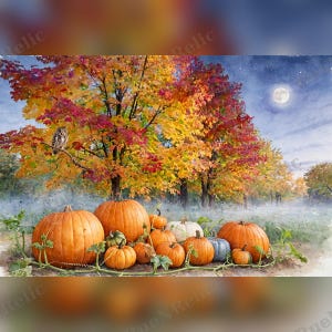 Puede incluir: Una pintura de acuarela muestra una colección de calabazas naranjas, blancas y azules sobre el suelo frente a un vibrante bosque otoñal. Un pequeño búho se posa en una rama entre hojas rojas y amarillas bajo la luna llena en el cielo nocturno.