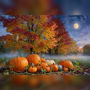 May include: An oil painting style print featuring a cluster of orange pumpkins on the ground beneath a large tree with autumn foliage. An owl sits on a branch, and a bright full moon shines in a dark, swirling night sky with visible stars.