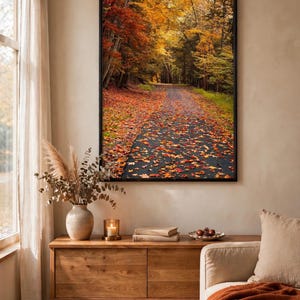 Bosque de otoño, arte mural de follaje otoñal, fotografía de hojas de otoño vibrantes, decoración de naturaleza de sendero boscoso, póster acogedor de otoño para el hogar, JFK Trail Pa