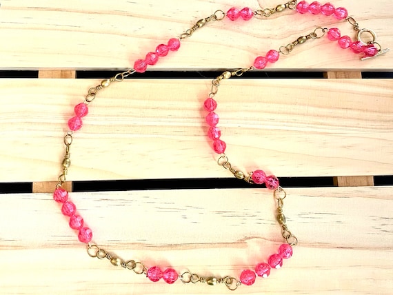 Handmade Gold Swivel Fishing Lure Necklace With Pink Beads, Unique