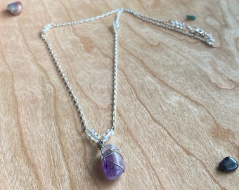 Wire Wrapped Amethyst Necklace | Thunderbay Ontario Gemstone | Tumbled & Polished Jewelry | February Birthstone