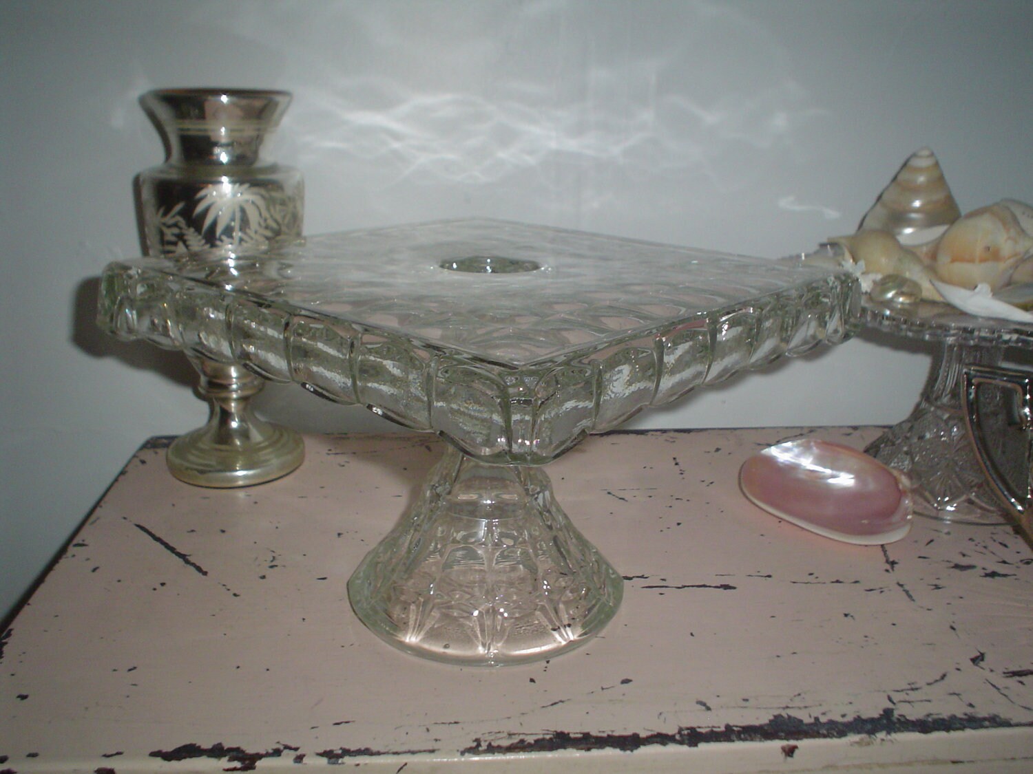 Vintage square clear glass cake stand with rum well Mint Etsy