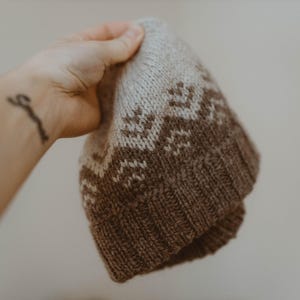 Puede incluir: Un gorro de punto marrón y blanco con un patrón geométrico. El gorro está siendo sostenido por una mano con un tatuaje.