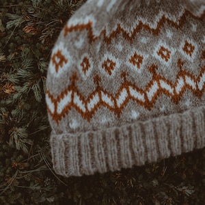 May include: A brown and white knitted hat with a geometric pattern. The hat is lying on a bed of green pine needles.