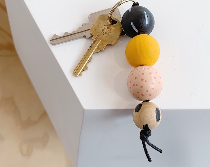 Mustard + Black Dash Keychain | Handpainted wood bead keychain | READY TO SHIP