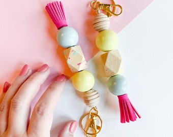 The Emerson keychain with Tassel & Clip | handpainted wooden bead keychain
