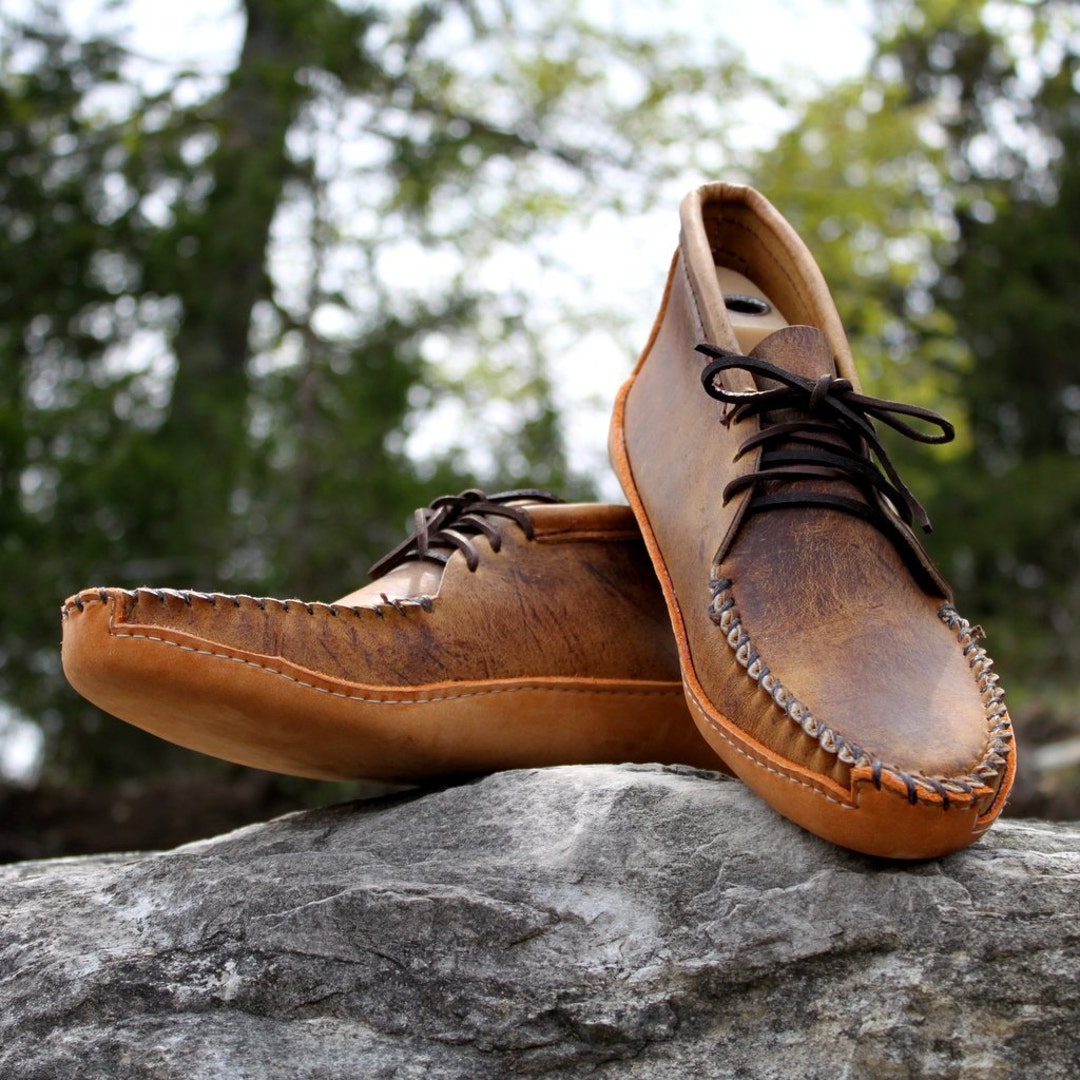 Men s Tan Distressed Batwing Moccasins Etsy