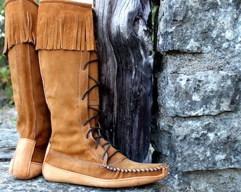 Womens Suede Knee High Boots With Bull Hide Canoe Sole | Etsy