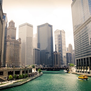 Digital Download-Cityscapes-Downtown Chicago- Architecture-River-Home-Chicago River- yellow boat
