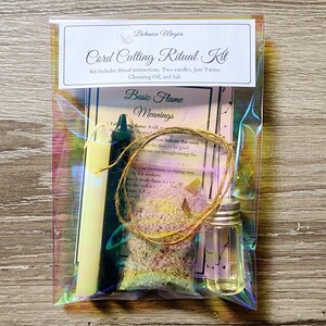 May include: Cord cutting ritual kit with two white candles, a small bottle of oil, a bag of salt, and jute twine. The kit includes instructions on basic flame meanings.