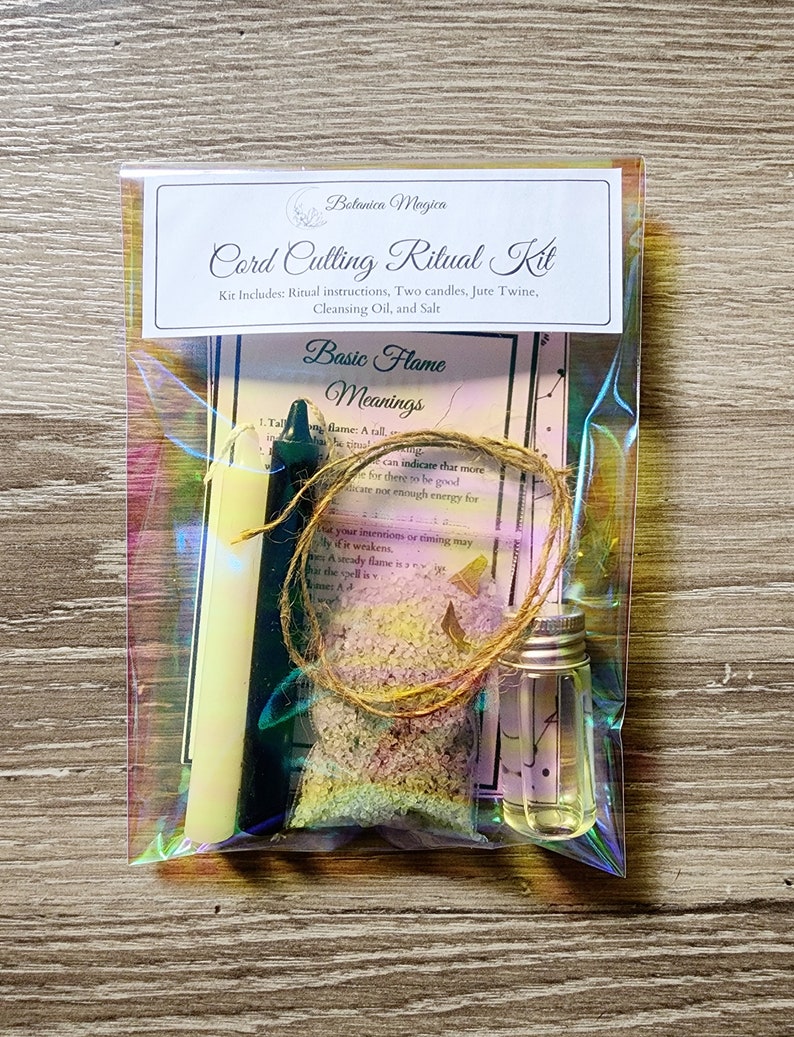 May include: Cord cutting ritual kit with two white candles, a small bottle of oil, a bag of salt, and jute twine. The kit includes instructions on basic flame meanings.