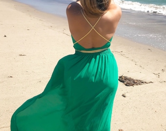 Encubrimiento de traje de baño, Encubrimiento de playa, Encubrimiento de natación // Vestido de baño griego con correa dorada trenzada halter // Ropa de resort, Ropa de playa // {Gia}