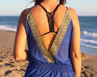 Traje de baño Cover-up, Beach Cover-ups, Swim Cover-ups // V-neck Gold Trim (Back) Spaghetti Strap // READY TO SHIP // Royal Blue // {Camille}