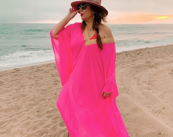 Gold Trim Caftan Swimsuit Cover-up, Beach Cover-ups, Swim Cover || Side-slit || Swimwear, Resortwear, Beachwear, Robe Loungewear || {Kyla}