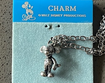 STERLING SILVER Vintage Mickey Mouse Charm with 18" Stainless Steel Cable Chain Necklace from Disneyland