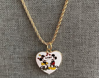 Vintage Mickey & Minnie Mouse Heart Charm on 18K Gold Plated Stainless Steel 18" Rope Link Necklace