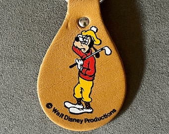 1970&#39;s Golfer Goofy New Old Stock Vintage Disney Leather Keychain (Silver Key Ring)