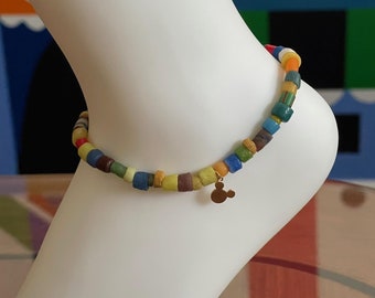 Anklet Made from African Beads with Dainty Gold Plated Mickey Mouse Charm