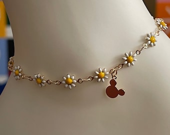 White Daisy Anklet with Dainty Gold Plated Mickey Mouse Charm
