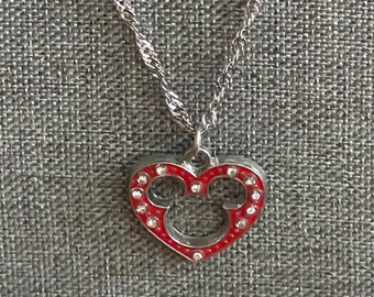 Vintage Mickey Mouse Heart Charm on Stainless Steel 18" Twist Chain Necklace