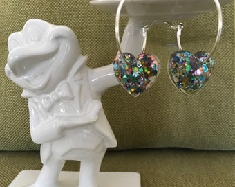 Clear Confetti Puffy Heart Hoop Earrings