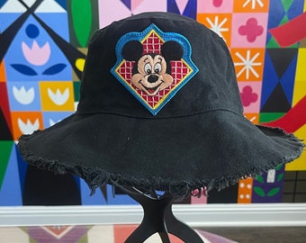 Black Floppy Sun Hat with Vintage Mickey Mouse Patch