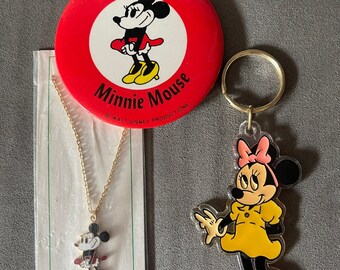 Minnie Mouse New Old Stock Vintage Disney Set: Keychain, Button & Necklace