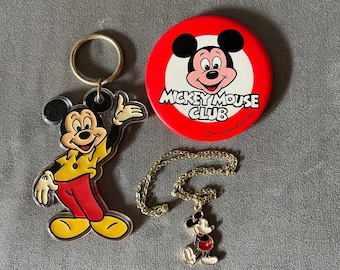 Mickey Mouse New Old Stock Vintage Disney Set: Keychain, Button & Necklace