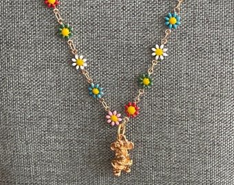 Vintage Minnie Mouse Charm on 18" Colorful Reversible Daisy Cloisonné Style Chain