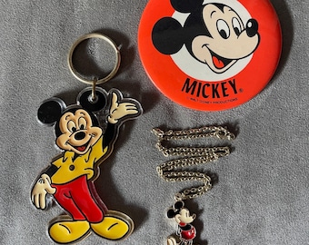Mickey Mouse New Old Stock Vintage Disney Set: Keychain, Button & Necklace