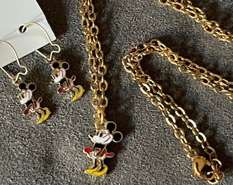 Vintage SET of Dainty Minnie Mouse Charm on 18K Gold Plated Stainless Steel 18" Cable Chain Necklace & Matching Earrings