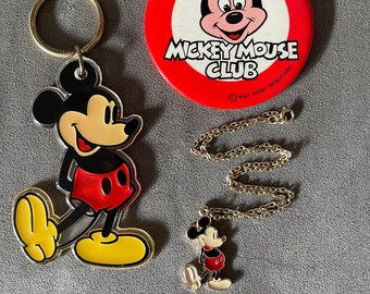 Mickey Mouse New Old Stock Vintage Disney Set: Keychain, Button & Necklace