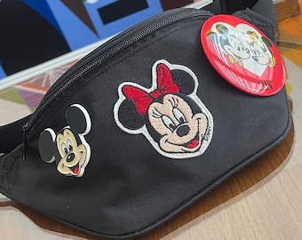 Adorned Black Fanny Pack with Original Vintage Minnie Mouse Patch & Buttons