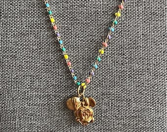 Vintage Minnie Mouse Charm on 18" Pastel Rainbow Italian Beaded Chain