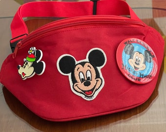 Adorned Red Fanny Pack with Original Vintage Mickey Mouse Patch & Buttons