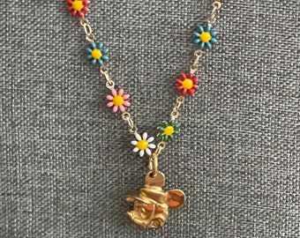 1990's Vintage Mickey Mouse Charm on 20" Colorful Reversible Daisy Cloisonné Style Chain