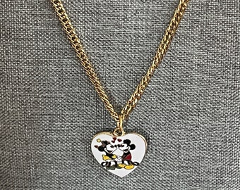 Vintage Mickey & Minnie Heart Charm on 18K Gold Plated Stainless Steel 18" Curb Link Necklace
