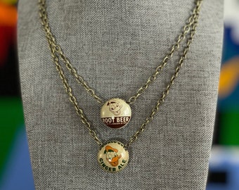 ONE Reversible Necklace Made from Original 1950&#39;s Donald Duck Ginger Ale & Root Beer Bottle Caps