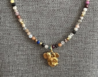 Beaded Faceted Gemstone Necklace with Vintage Minnie Mouse Charm