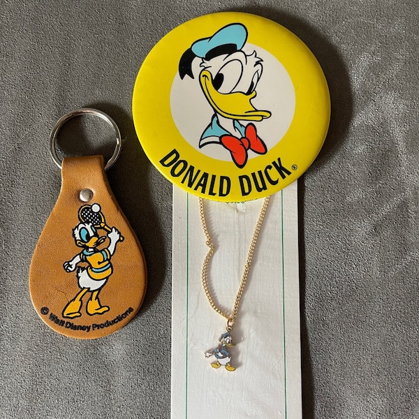 Donald Duck New Old Stock Vintage Disney Set: Keychain, Button & Necklace