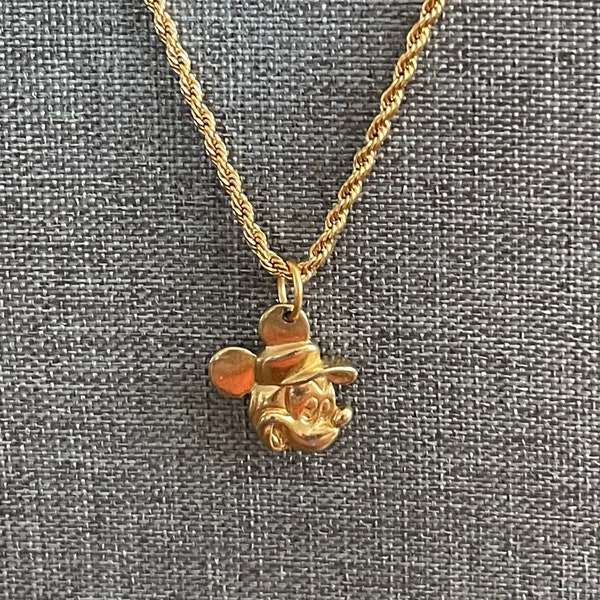 Vintage Mickey Mouse Charm on 18K Gold Plated Stainless Steel 18" Rope Link Necklace