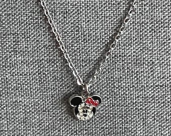 Vintage Minnie Mouse Rhinestone Charm on Stainless Steel 20" Necklace