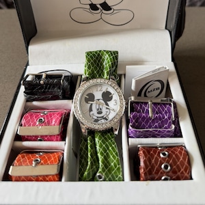 RARE Vintage Rhinestone Mickey Mouse Watch Set with 6 Interchangeable Bracelet Bands image 1