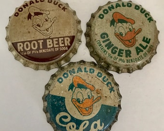 TRIO of Lapel Pins Made from Original 1950's Donald Duck Ginger Ale/Root Beer/Cola Bottle Caps