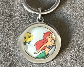 Vintage Ariel & Flounder Key Chain made from a 1992 Disney Little Mermaid Golden Book