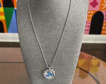Pendant Made from a Vintage Smurf Dish from 1982 on 18" Stainless Steel Mesh Chain Necklace