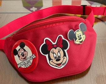 Adorned Red Fanny Pack with Original Vintage Minnie Mouse Patch and Buttons